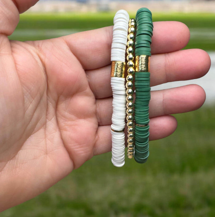 Green and White Game Day Bracelet Stack