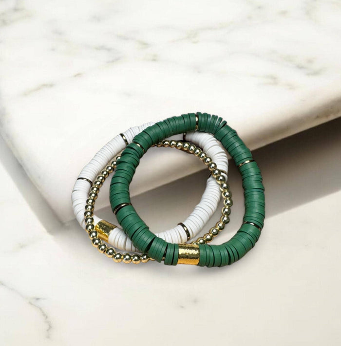 Green and White Game Day Bracelet Stack