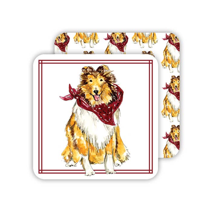 Handpainted Collie with Maroon Bandana Square Coaster by Rosanne Beck