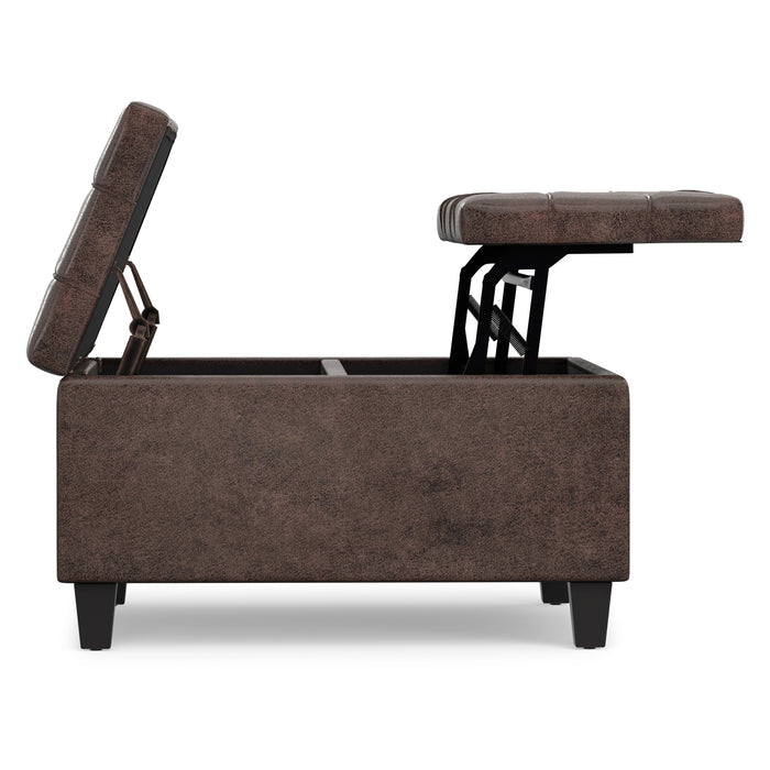 Distressed Brown Distressed Vegan Leather | Harrison Small Square Coffee Table Storage Ottoman in Distressed Vegan Leather