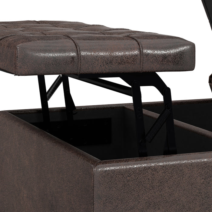 Distressed Brown Distressed Vegan Leather | Harrison Small Square Coffee Table Storage Ottoman in Distressed Vegan Leather