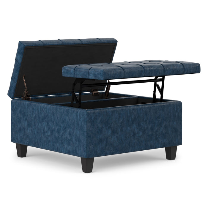 Denim Blue Vegan Leather | Harrison Small Square Coffee Table Storage Ottoman in Vegan Leather