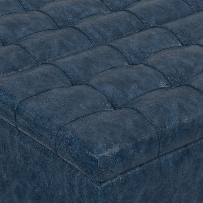 Denim Blue Vegan Leather | Harrison Small Square Coffee Table Storage Ottoman in Vegan Leather
