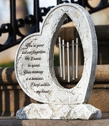 Heart and Chimes garden stone statue, 12" tall