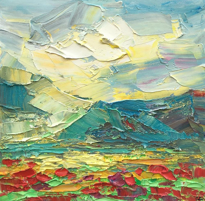 Heavy Texture Oil Painting, Mountain and Flower Painting, Abstract Painting, Small Painting, 12X12 inch-Paintingforhome