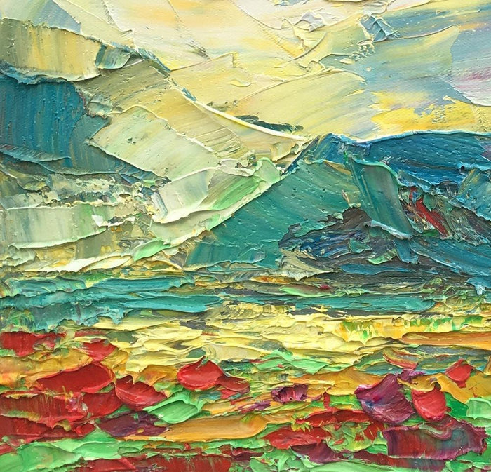 Heavy Texture Oil Painting, Mountain and Flower Painting, Abstract Painting, Small Painting, 12X12 inch-Paintingforhome