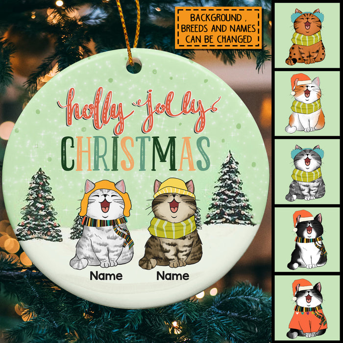 Holly Jolly Christmas Circle Ceramic Ornament, Green Pastel Background, Personalized Cat Lovers Decorative Christmas Ornament