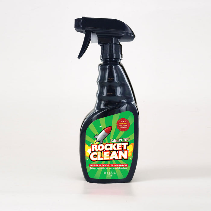 Black spray bottle of IHS Rocket Clean stain and odor eliminator with green label and rocket graphic on white background
