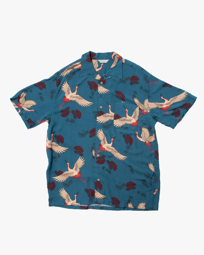Japanese Repro Shirt, Short Sleeve Aloha Shirt, Styled By Originals Hawaiian Surf, Teal with Cranes - 2XL