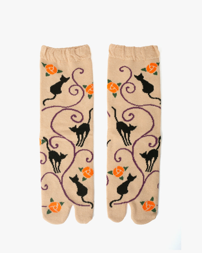 Kurochiku, Tabi Socks, Crew, Beige with Black Cat and Orange Flowers- S/M