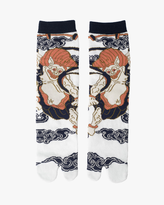 Kurochiku, Tabi Socks, Crew, White, Navy and Coral Pink, Raijin - M/L
