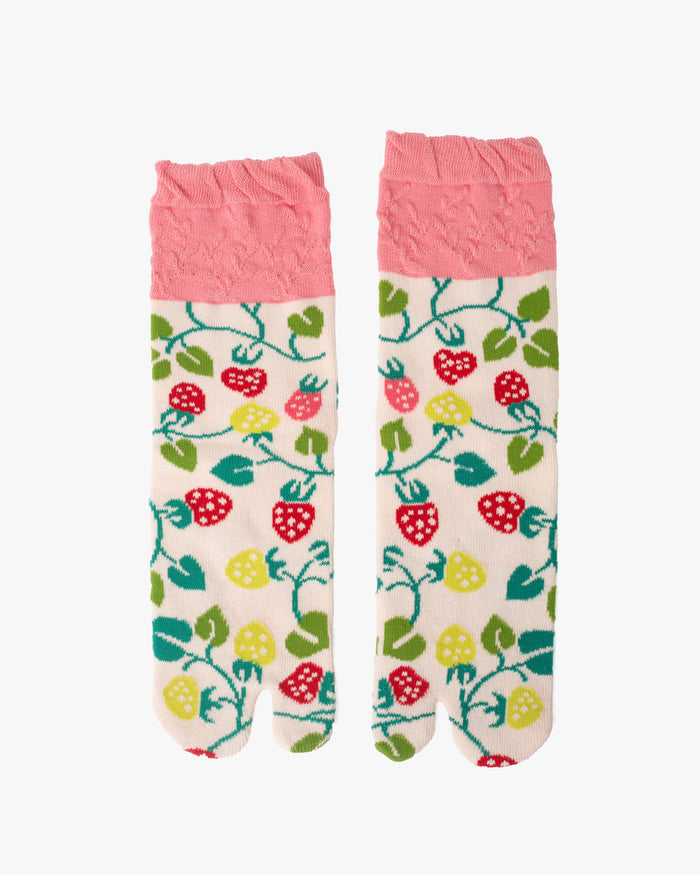 Kurochiku, Tabi Socks, Crew, White with Green and Red Berries- S/M