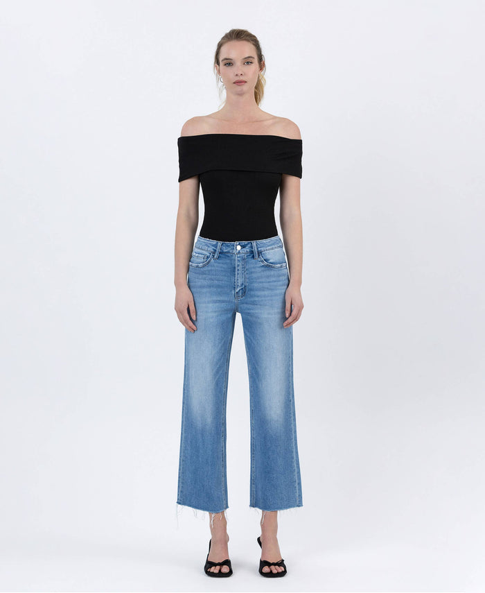 LAINEY HIGH RISE RAW HEM CROP SLIM WIDE JEANS