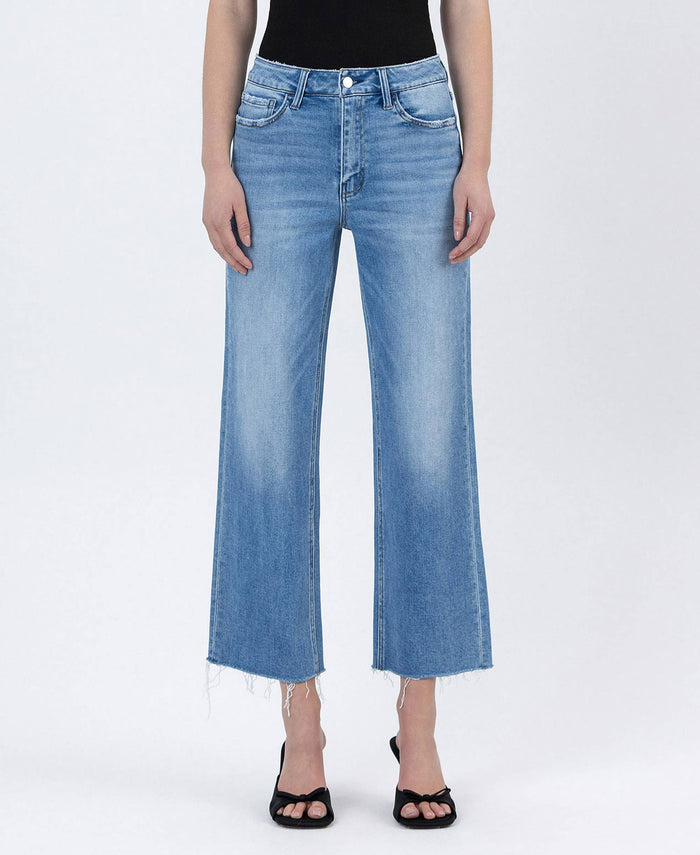LAINEY HIGH RISE RAW HEM CROP SLIM WIDE JEANS