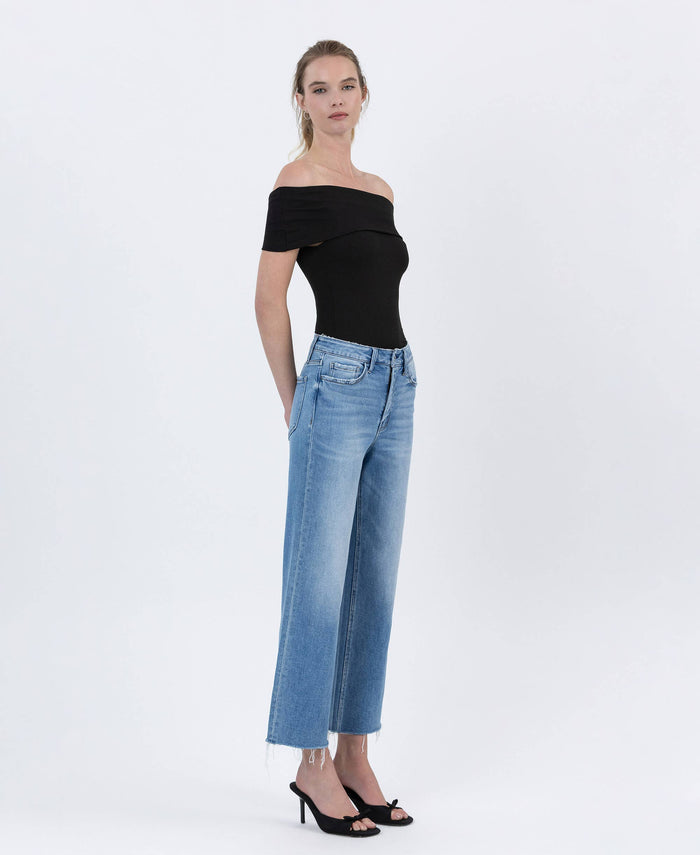 LAINEY HIGH RISE RAW HEM CROP SLIM WIDE JEANS