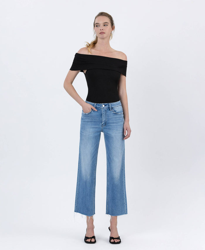 LAINEY HIGH RISE RAW HEM CROP SLIM WIDE JEANS