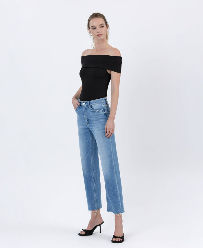 LAINEY HIGH RISE RAW HEM CROP SLIM WIDE JEANS