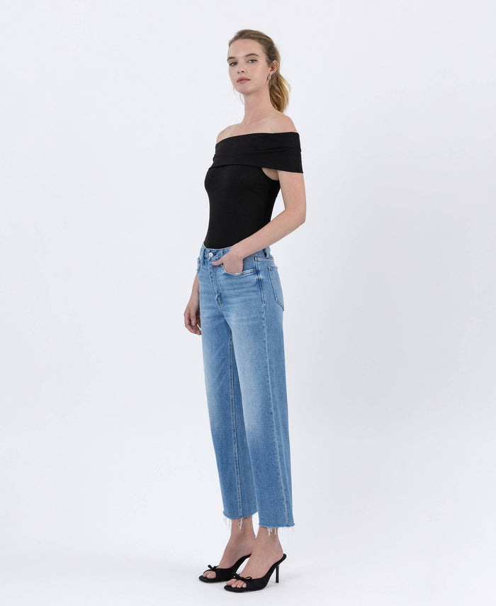 LAINEY HIGH RISE RAW HEM CROP SLIM WIDE JEANS