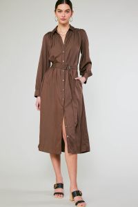 Woman wearing a brown button down satin dress with a belt on a white background