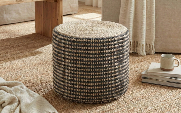 Natural and Black | Larissa Round Braided Pouf