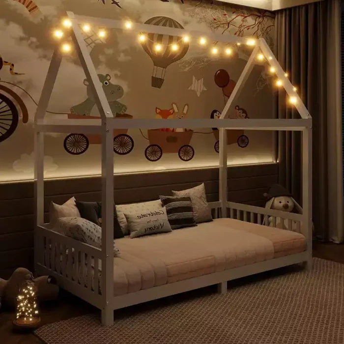 Bellemave LED Twin Size House Bed ,Montessori Floor Bed ,Wooden Bed Frame with Slats and Fence, for Girls,Boys,White