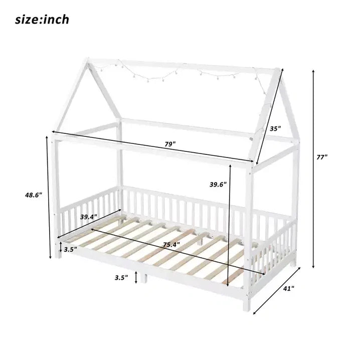 Bellemave LED Twin Size House Bed ,Montessori Floor Bed ,Wooden Bed Frame with Slats and Fence, for Girls,Boys,White