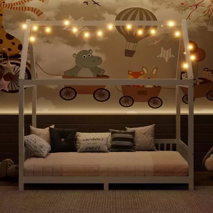 Bellemave LED Twin Size House Bed ,Montessori Floor Bed ,Wooden Bed Frame with Slats and Fence, for Girls,Boys,White