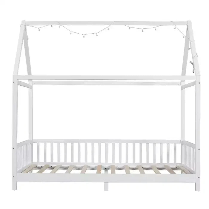 Bellemave LED Twin Size House Bed ,Montessori Floor Bed ,Wooden Bed Frame with Slats and Fence, for Girls,Boys,White