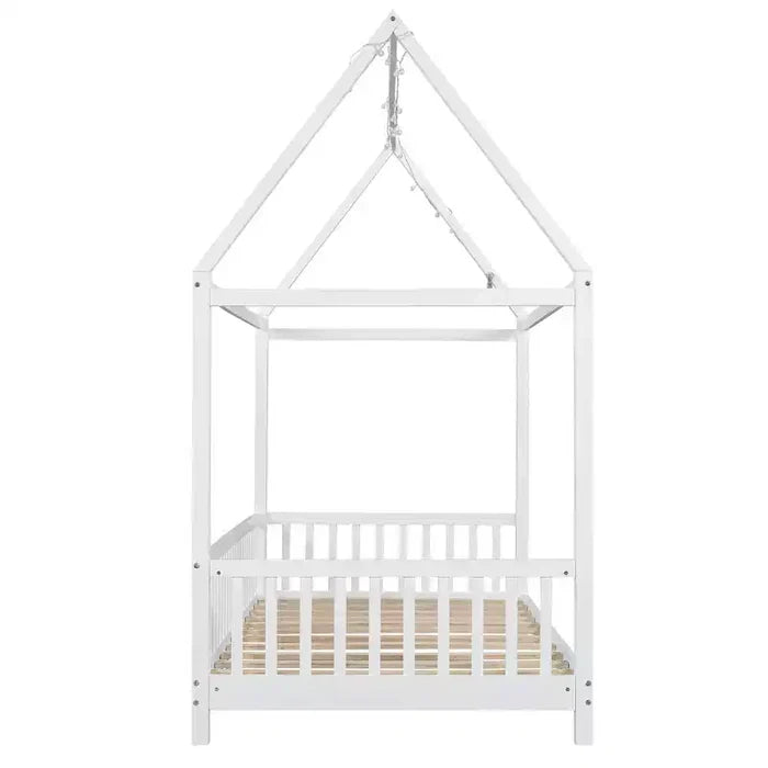 Bellemave LED Twin Size House Bed ,Montessori Floor Bed ,Wooden Bed Frame with Slats and Fence, for Girls,Boys,White