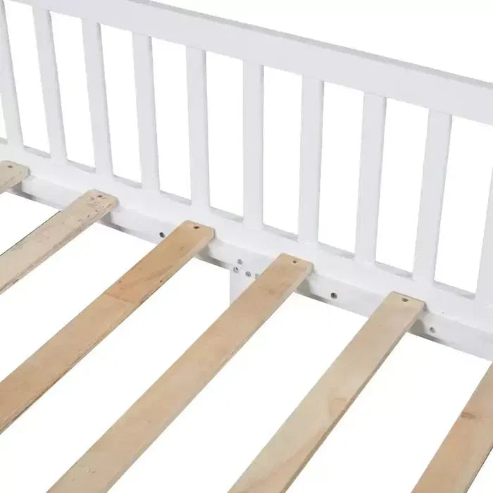 Bellemave LED Twin Size House Bed ,Montessori Floor Bed ,Wooden Bed Frame with Slats and Fence, for Girls,Boys,White