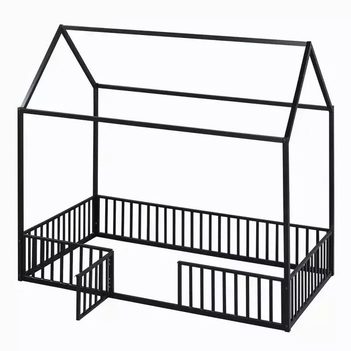 Bellemave Twin Floor Bed with Door and Fence, Bed Twin Size with Roof/House Floor Bed for Kids, Girls, Boys, Black