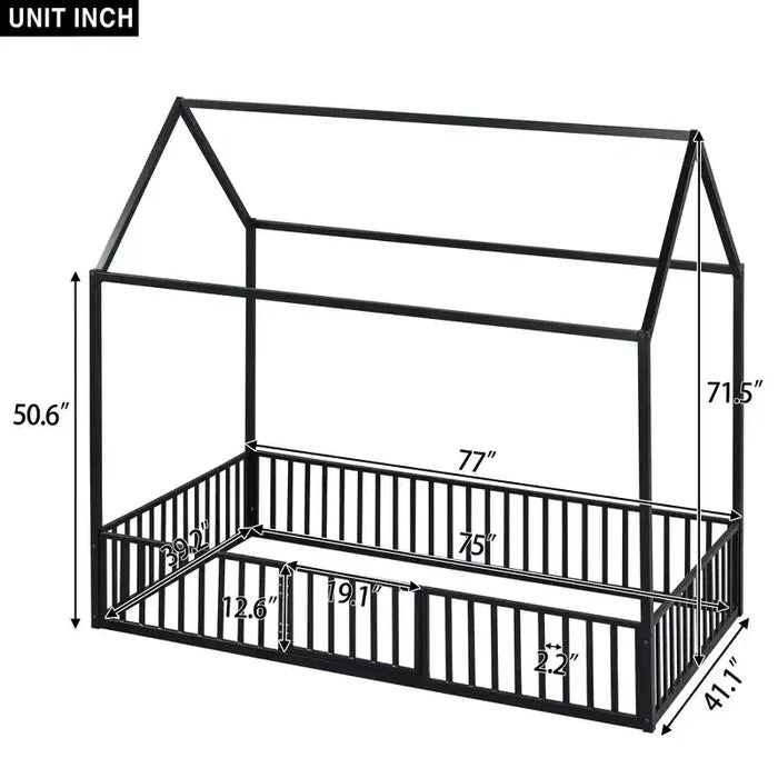 Bellemave Twin Floor Bed with Door and Fence, Bed Twin Size with Roof/House Floor Bed for Kids, Girls, Boys, Black