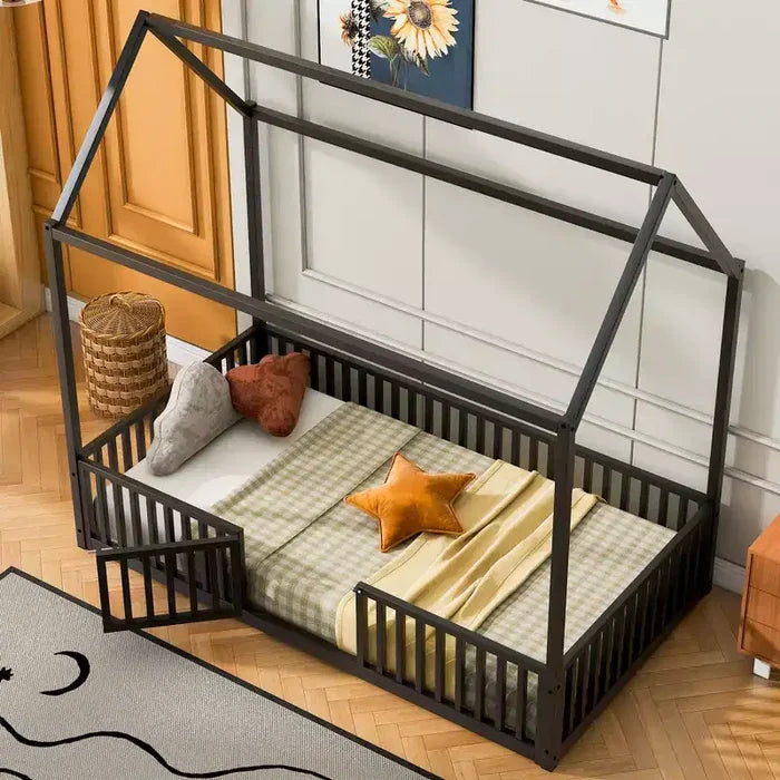 Bellemave Twin Floor Bed with Door and Fence, Bed Twin Size with Roof/House Floor Bed for Kids, Girls, Boys, Black