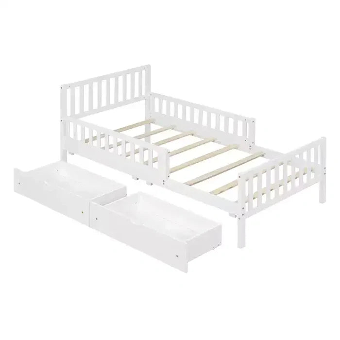 Twin Wood Platform Bed with Guardrails and 2 Storage Drawers, White