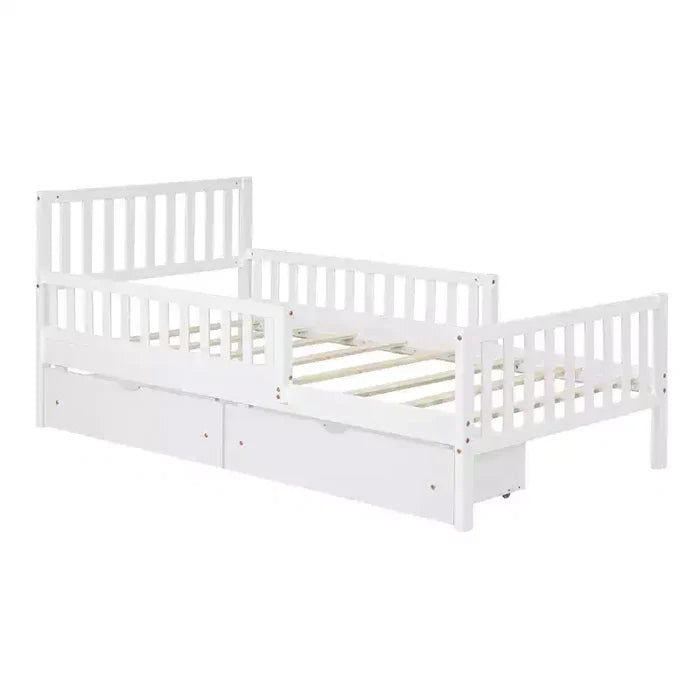 Twin Wood Platform Bed with Guardrails and 2 Storage Drawers, White