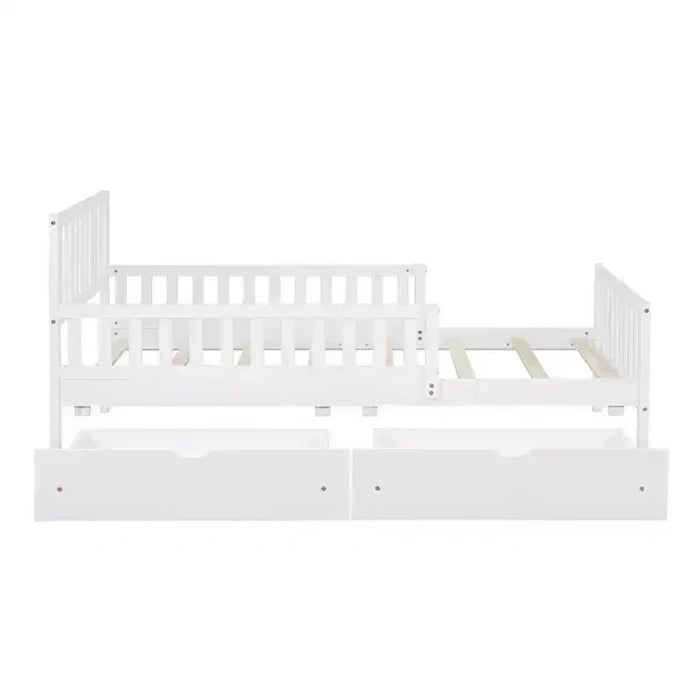 Twin Wood Platform Bed with Guardrails and 2 Storage Drawers, White