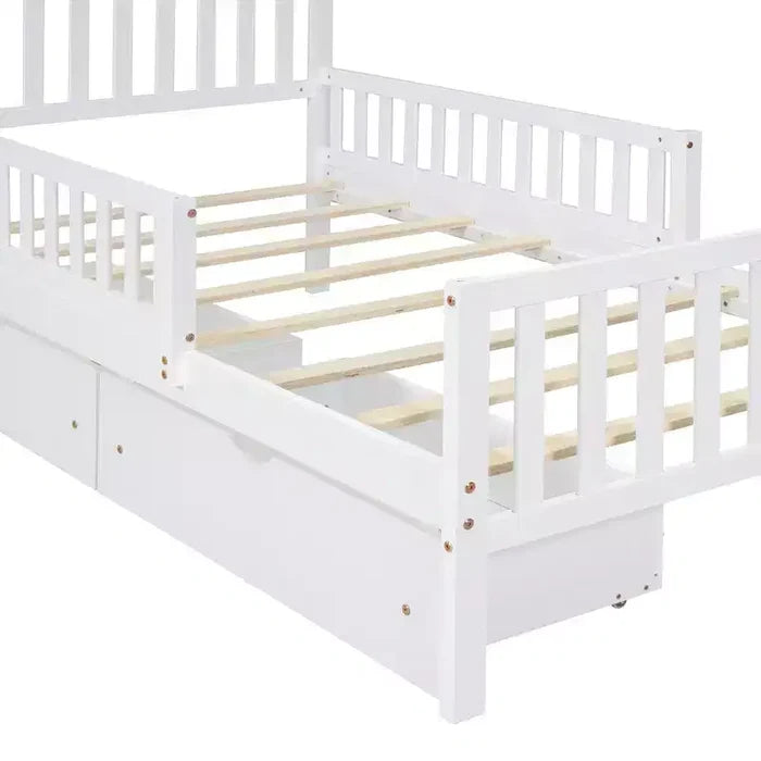 Twin Wood Platform Bed with Guardrails and 2 Storage Drawers, White