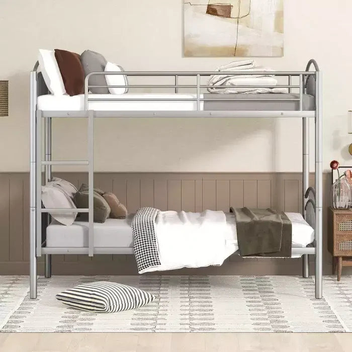 Bellemave Twin Over Twin Metal Bunk Bed with Ladder & Guardrail, Convertible to 2 Beds, Heavy Duty, Space-Saving Bed for Kids Teens, Silver