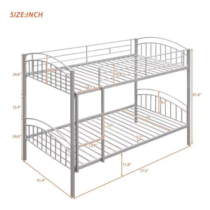 Bellemave Twin Over Twin Metal Bunk Bed with Ladder & Guardrail, Convertible to 2 Beds, Heavy Duty, Space-Saving Bed for Kids Teens, Silver