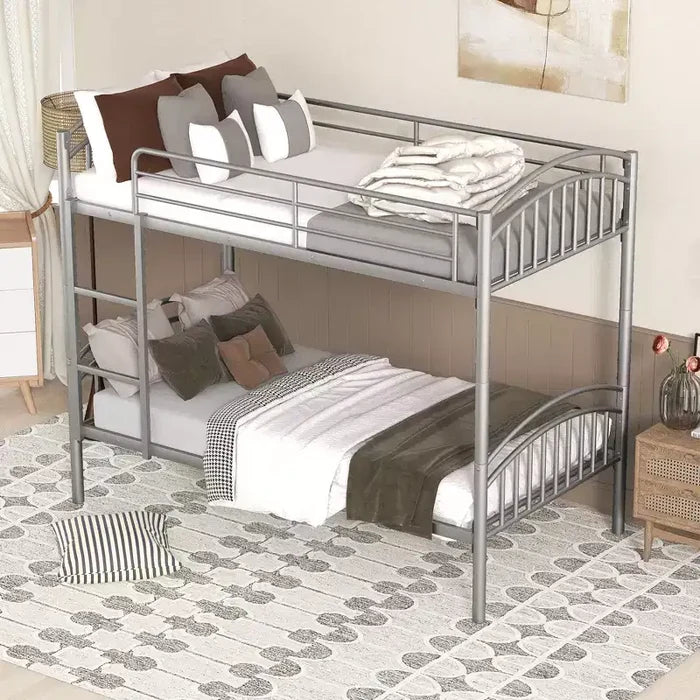 Bellemave Twin Over Twin Metal Bunk Bed with Ladder & Guardrail, Convertible to 2 Beds, Heavy Duty, Space-Saving Bed for Kids Teens, Silver