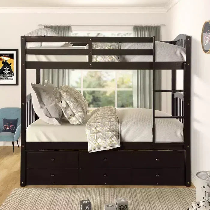 Twin over Twin Bunk Bed with Trundle, Wooden Bunk Bed with 3 Storage Drawers and Safety Rail, Can be Convertible to 2 Beds
