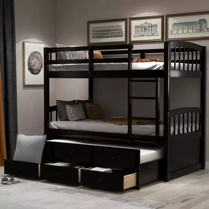 Twin over Twin Bunk Bed with Trundle, Wooden Bunk Bed with 3 Storage Drawers and Safety Rail, Can be Convertible to 2 Beds