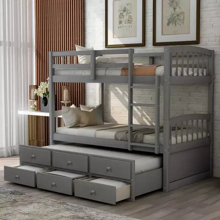 Twin over Twin Bunk Bed with Trundle, Wooden Bunk Bed with 3 Storage Drawers and Safety Rail, Can be Convertible to 2 Beds