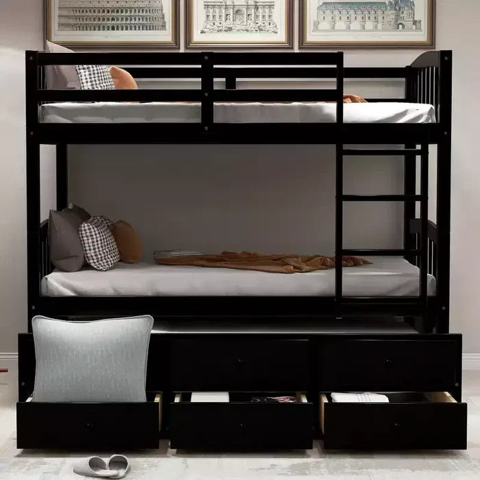 Twin over Twin Bunk Bed with Trundle, Wooden Bunk Bed with 3 Storage Drawers and Safety Rail, Can be Convertible to 2 Beds