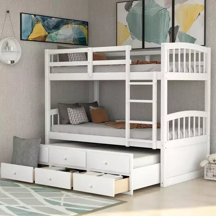 Twin over Twin Bunk Bed with Trundle, Wooden Bunk Bed with 3 Storage Drawers and Safety Rail, Can be Convertible to 2 Beds