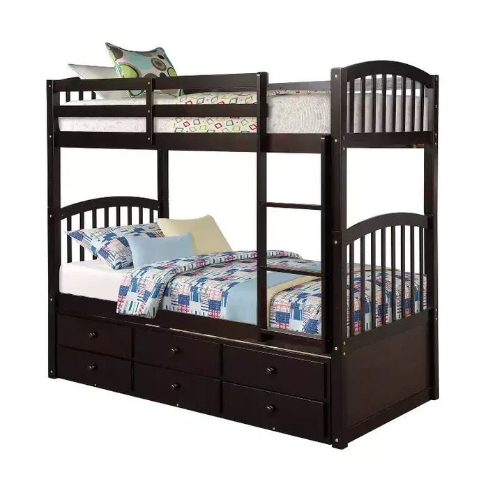 Twin over Twin Bunk Bed with Trundle, Wooden Bunk Bed with 3 Storage Drawers and Safety Rail, Can be Convertible to 2 Beds