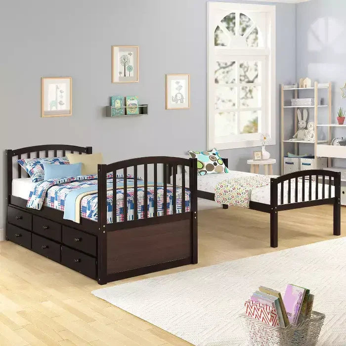 Twin over Twin Bunk Bed with Trundle, Wooden Bunk Bed with 3 Storage Drawers and Safety Rail, Can be Convertible to 2 Beds