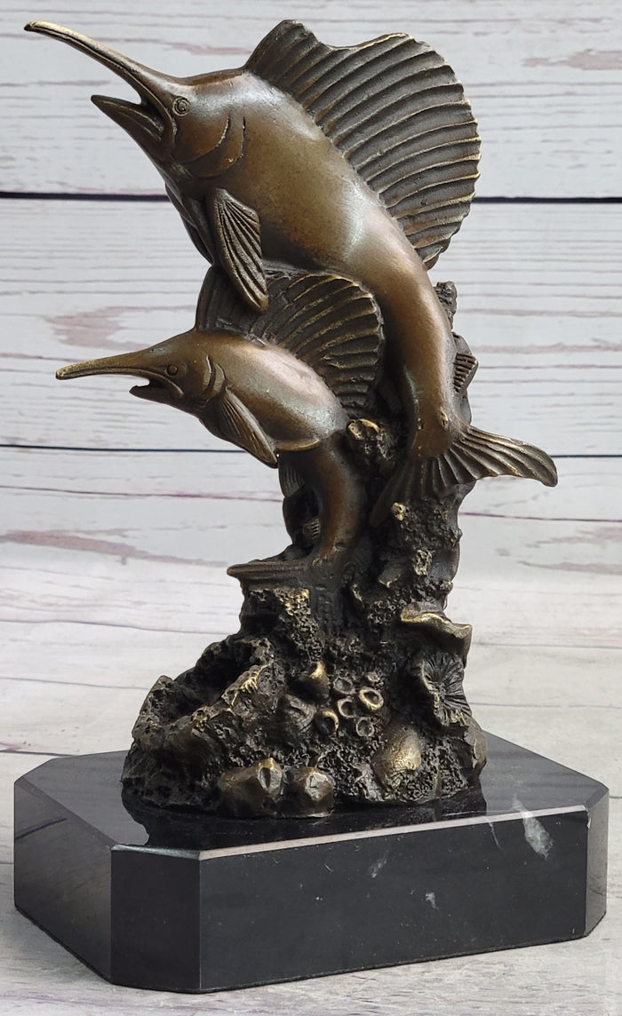 Marlins Sailfish Swordfish Jumping Out of Ocean Bronze Sculpture Statue Decor on Marble Base