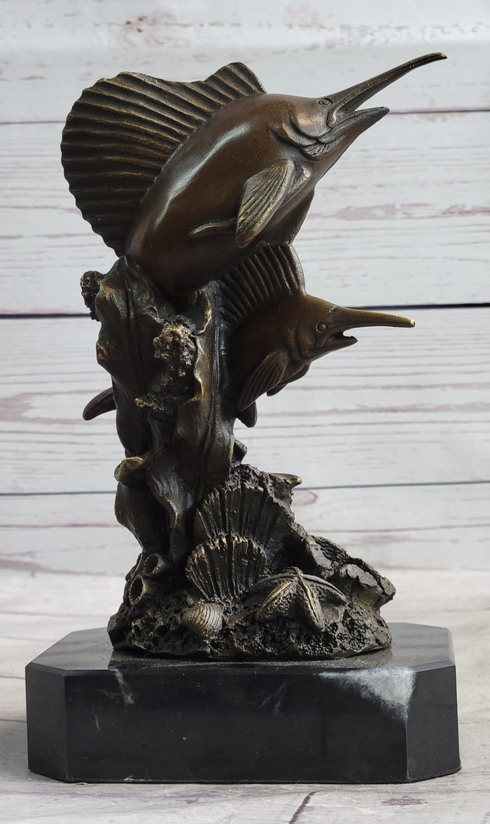 Marlins Sailfish Swordfish Jumping Out of Ocean Bronze Sculpture Statue Decor on Marble Base