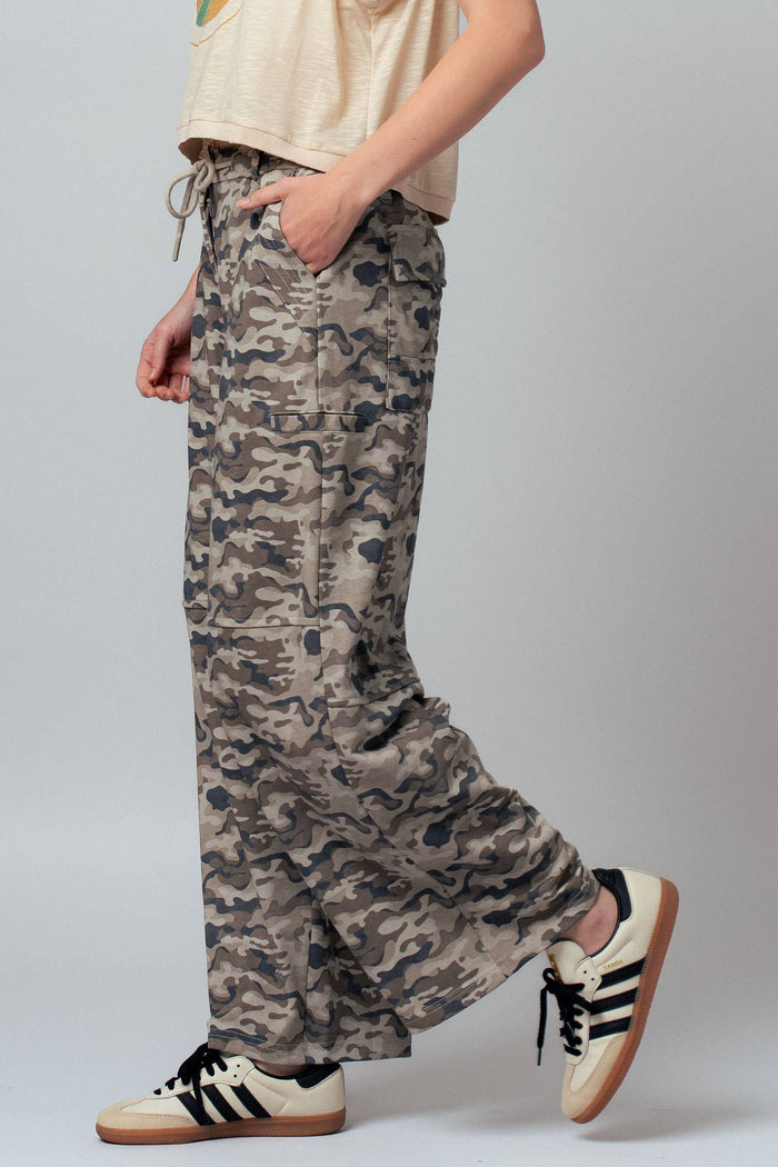Maureen Camo Print Wide Leg Cargo Sweatpants